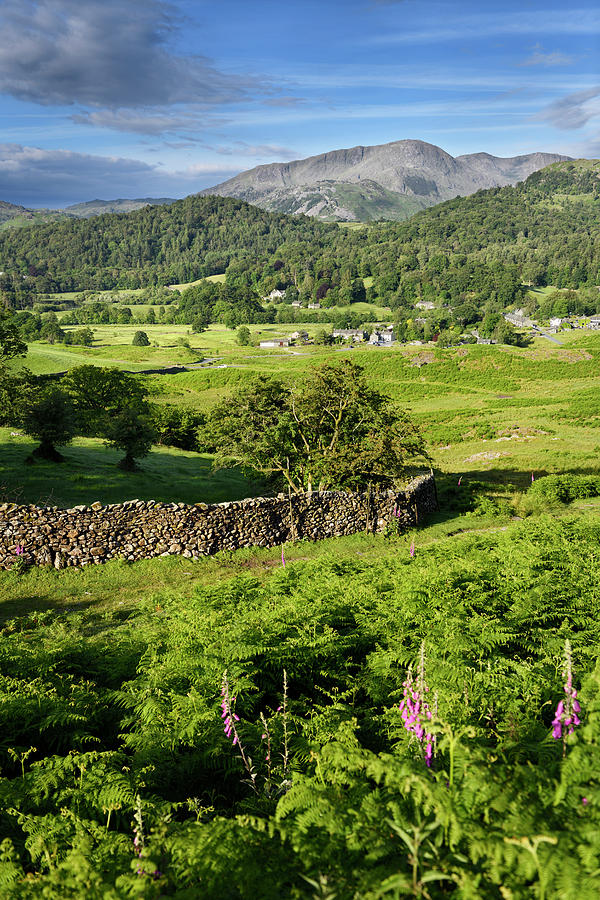 Lake District National Park Photograph - Elterwater village and Wetherlam and Great Carrs Peaks Cumbrian  by Reimar Gaertner