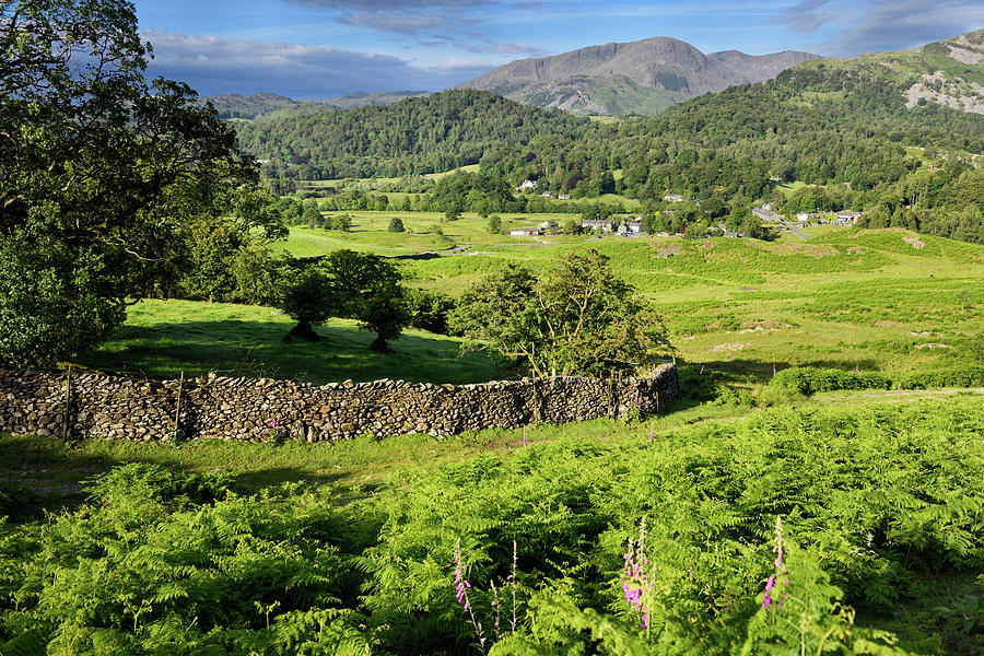 Elterwater village looking to Wetherlam and Old Man of Coniston  Photograph by Reimar Gaertner