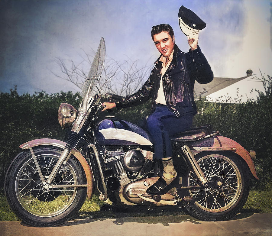 Elvis Presley on a motorcycle - old photograph restored and colorized in gigantography Photograph by Luca Lorenzelli