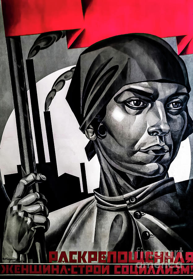 Emancipated Woman Build Socialism Vintage Soviet Poster Drawing
