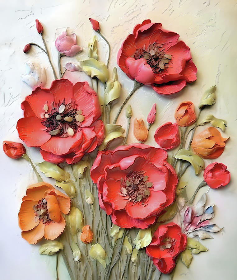 Embedded Rhapsody Impasto Poppy Blooms Mixed Media by OLena Art by Lena Owens - Vibrant DESIGN