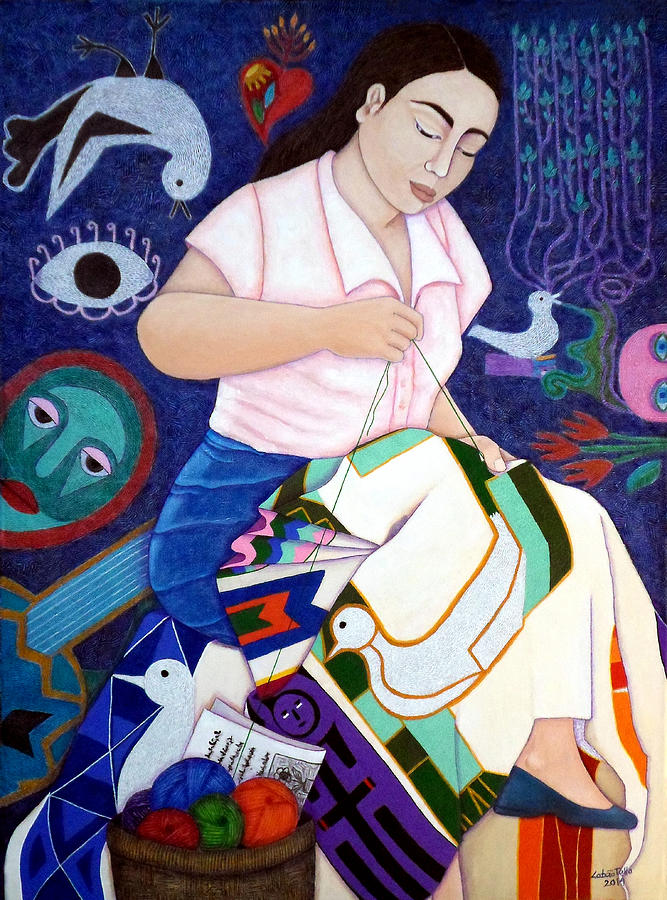 Fabric Painting - Violeta Parra embroidering the life  by Madalena Lobao-Tello