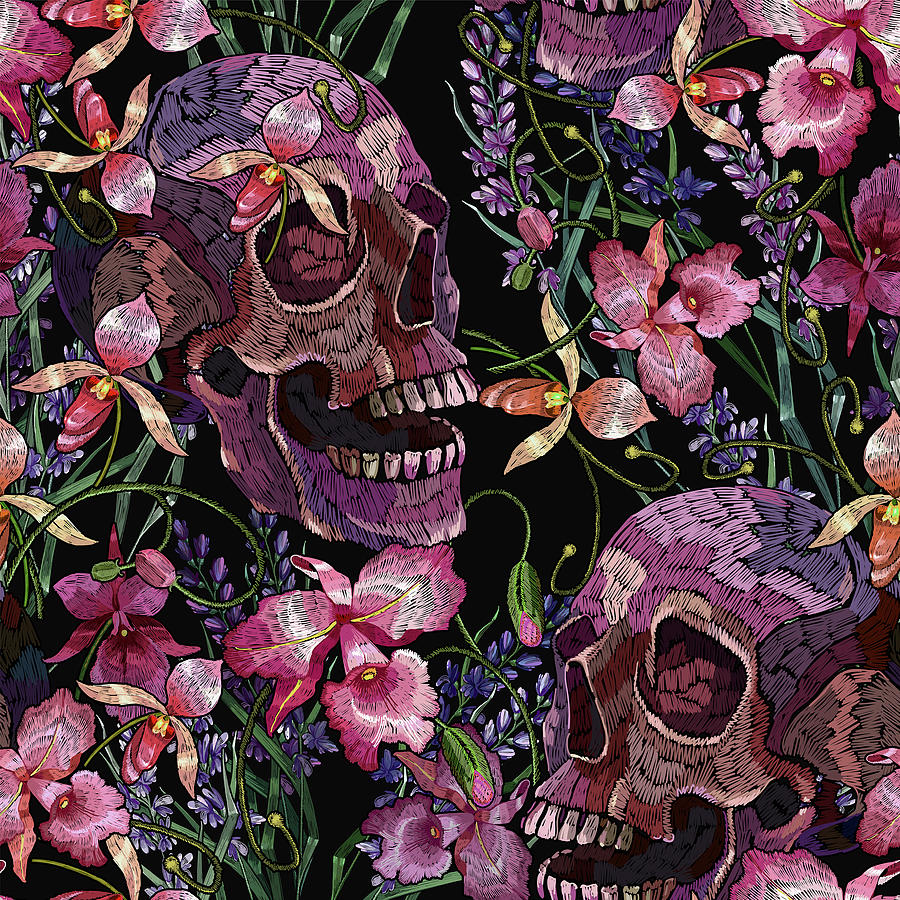 Embroidery Human Skull And Pink Orchid Flowers Pattern Mixed Media