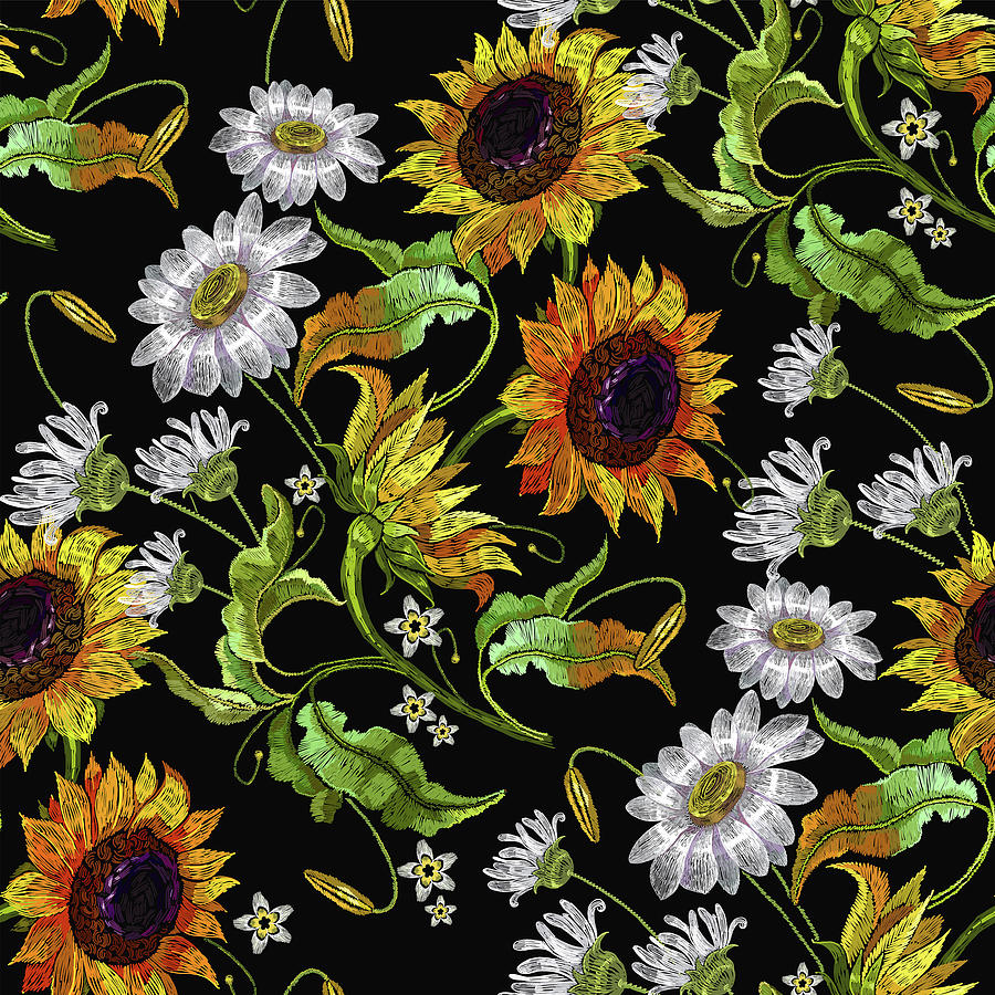 Embroidery sunflower and white daisies camomile flowers Mixed