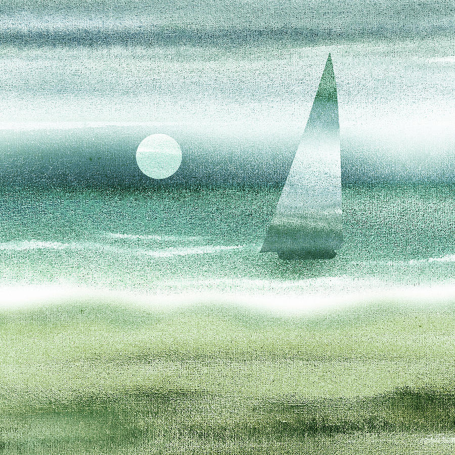 Emerald Blue Sailboat At The Ocean Shore Seascape Painting Beach House Watercolor I Painting