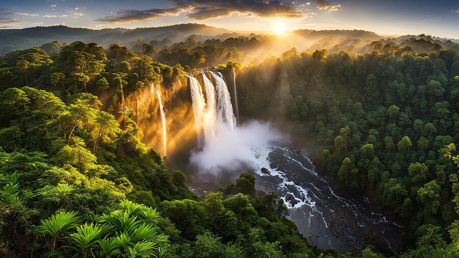 Jungle Digital Art - Emerald Cascade - Dawns Veil over the Rainforest Falls by Dennis Cole