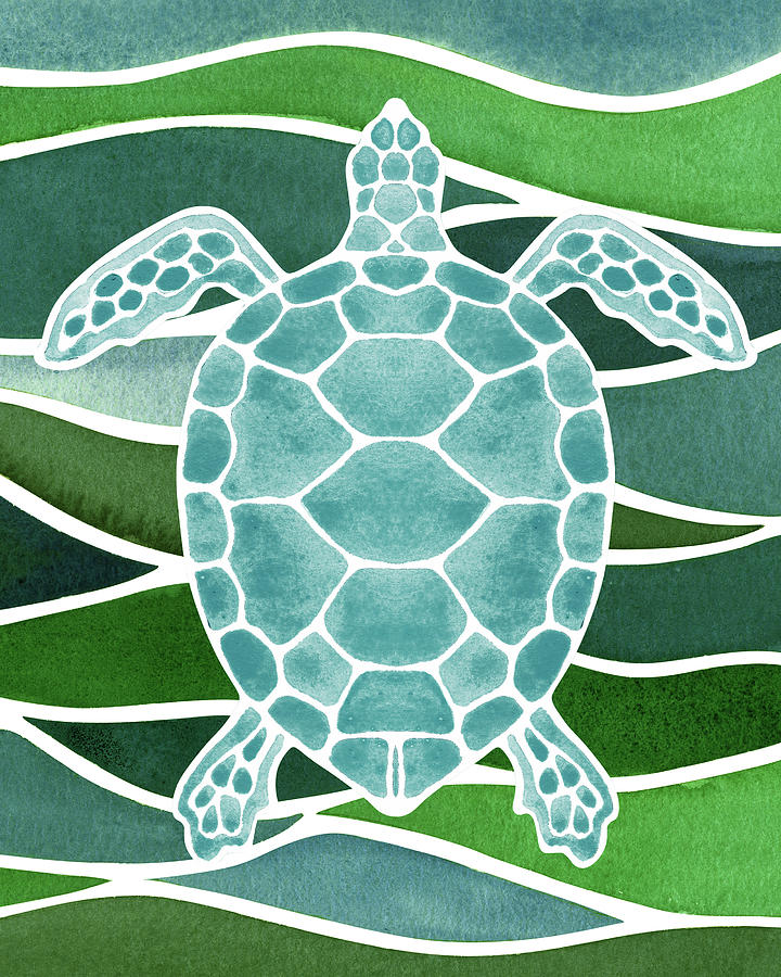 Emerald Green And Turquoise Blue Turtle And Waves Watercolor  Painting by Irina Sztukowski