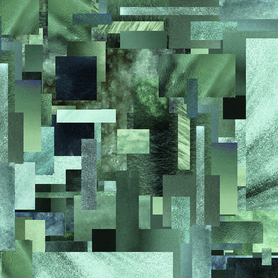 Emerald Green Gray Watercolor Geometric Block Contemporary Art Painting