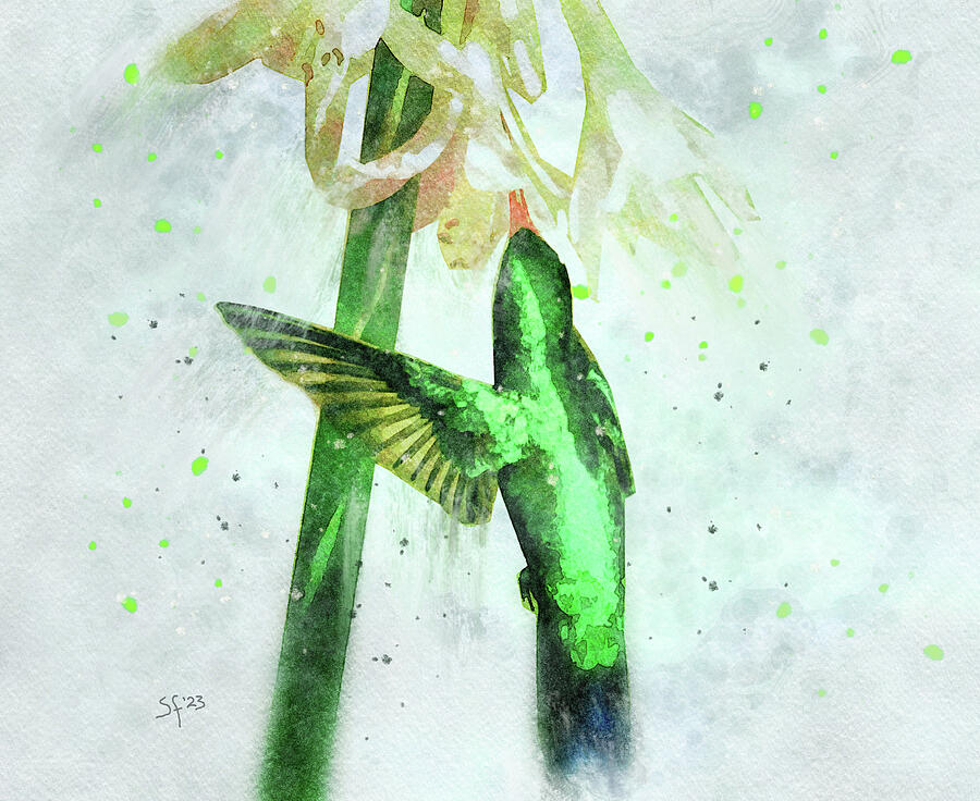 Emerald Green Hummingbird Watercolor Wildlife Painting Digital Art by Shelli Fitzpatrick