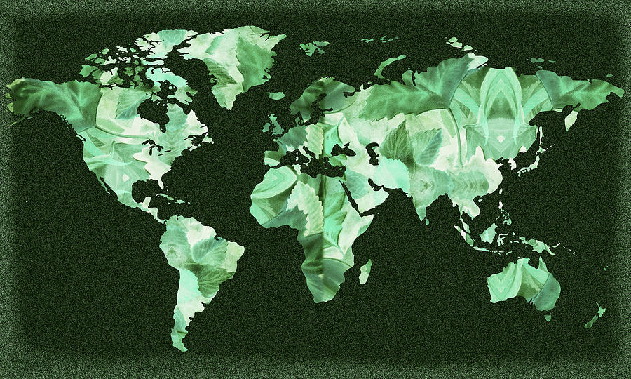 Emerald Green Leaves Watercolor Silhouette Of the World Map Painting by Irina Sztukowski