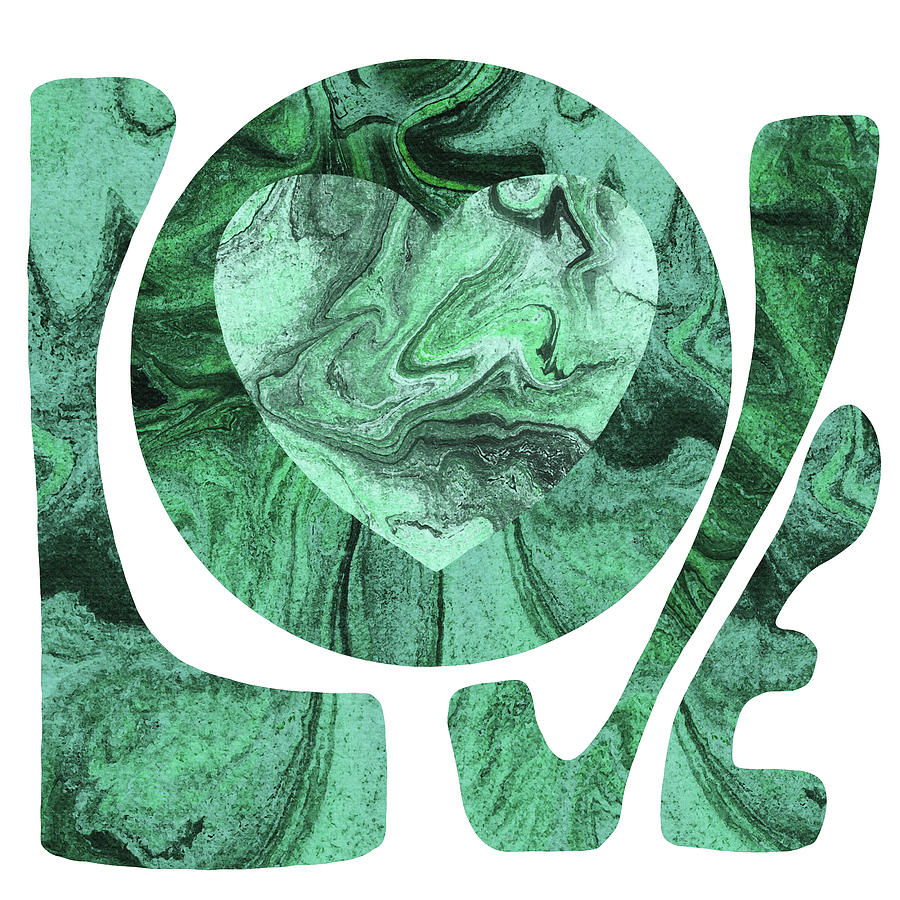 Emerald Green Marble Heart Love Word Stone Art Watercolor  Painting by Irina Sztukowski