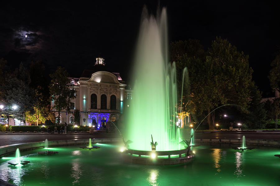 Emerald Green Pelican Fountain - Plovdiv Bulgaria Night Magic Photograph by Georgia Mizuleva