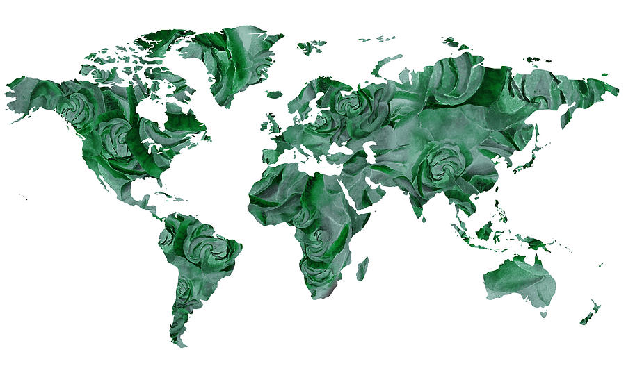 Emerald Green Petals World Map Watercolor Silhouette Colorful PNG Design  Painting by Irina Sztukowski