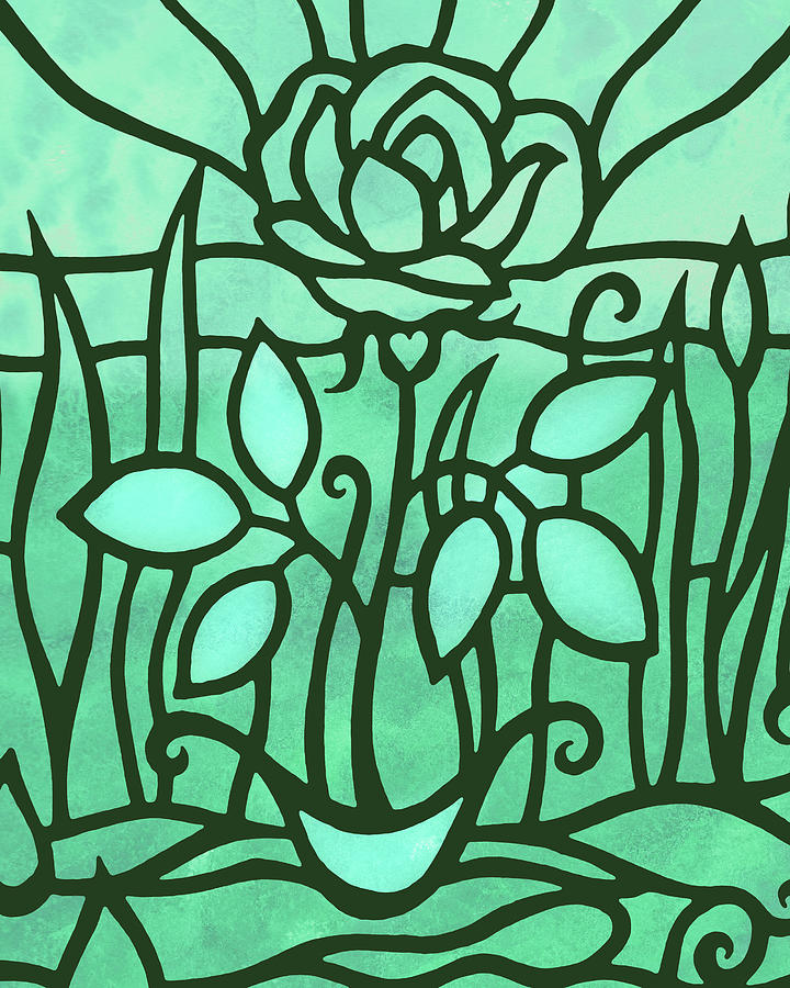 Emerald Green Rose Garden Flower Stained Glass Tiffany Style Mosaic Painting by Irina Sztukowski