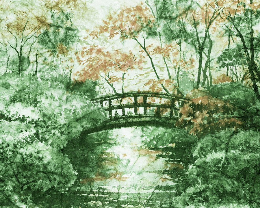 Emerald Green Soft Calm Landscape Bridge Over Creek Watercolor Garden  Painting by Irina Sztukowski