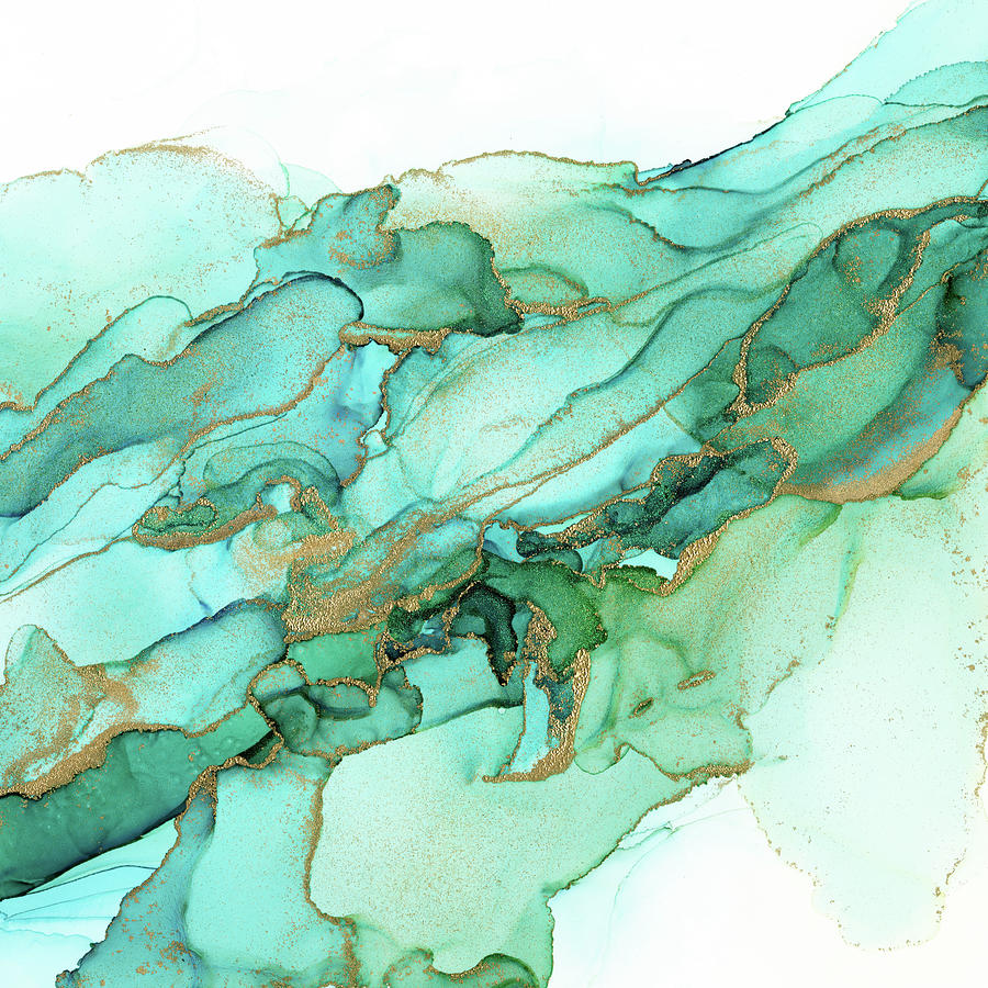 Abstract Painting - Emerald Wave Abstract Ink by Olga Shvartsur