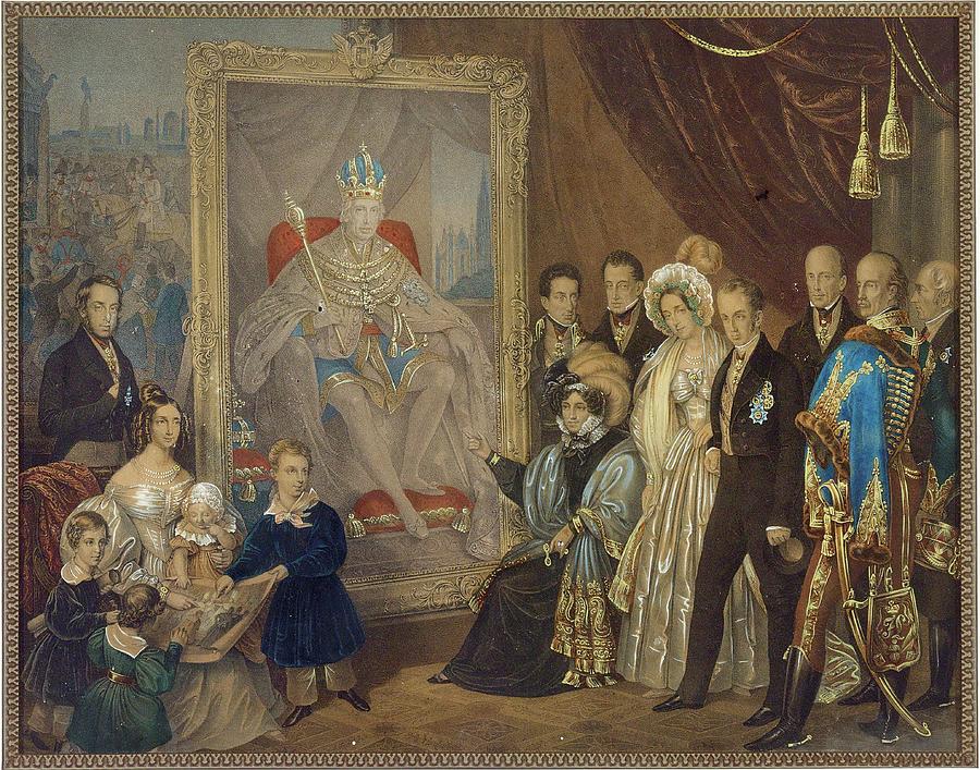Emperor Ferdinand I and his family behold the portrait of the late Emperor Francis I, coloured litho Painting by MotionAge Designs