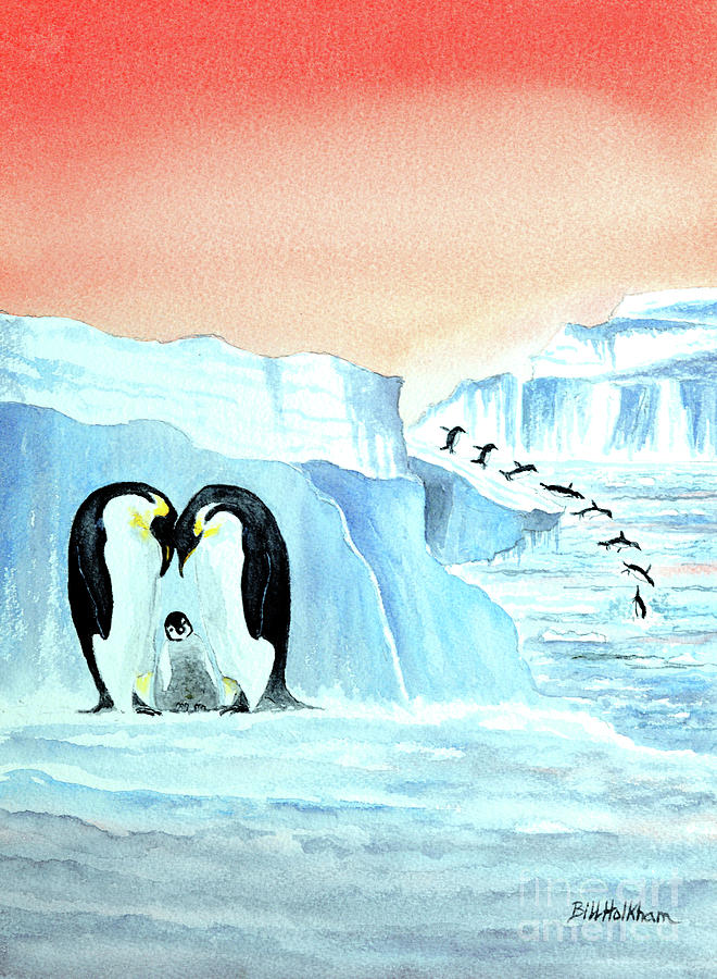 Emperor Penguins Painting - Emperor Penguins With Baby by Bill Holkham