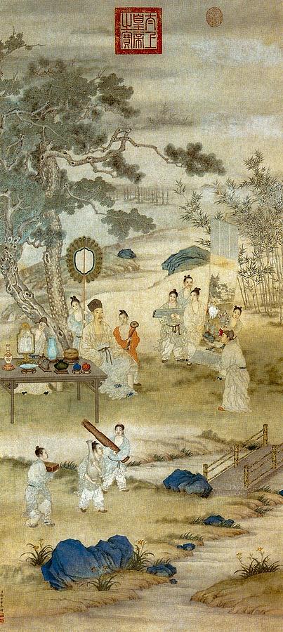 Emperor Qianlong inspects paintings Painting by Giuseppe Castiglione