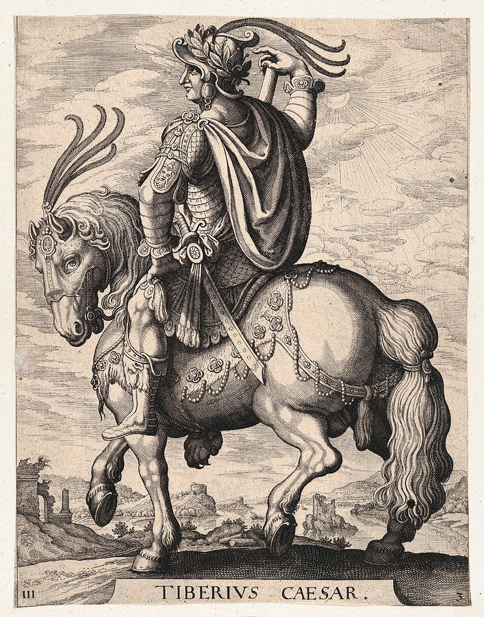 Emperor Tiberius on horseback Drawing by Matthaeus Merian the Elder