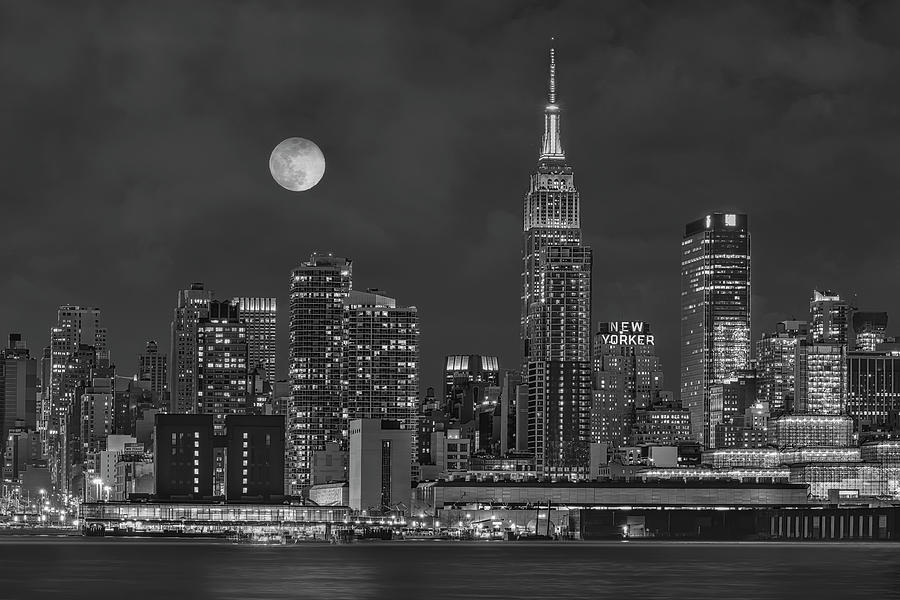 Empire State Blue Moon NYC BW Photograph by Susan Candelario
