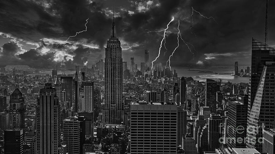 Empire State Bu ilding LIghting Storm BW Photograph by Chuck Kuhn