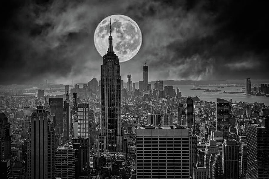 Empire State Full Moon over Manhattan NYC BW Mixed Media by Chuck Kuhn