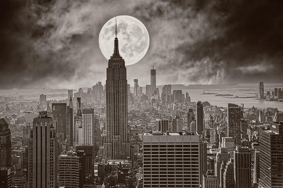 Empire State Pano Manhattan NYC Sepia Tones Full Moon  Photograph by Chuck Kuhn