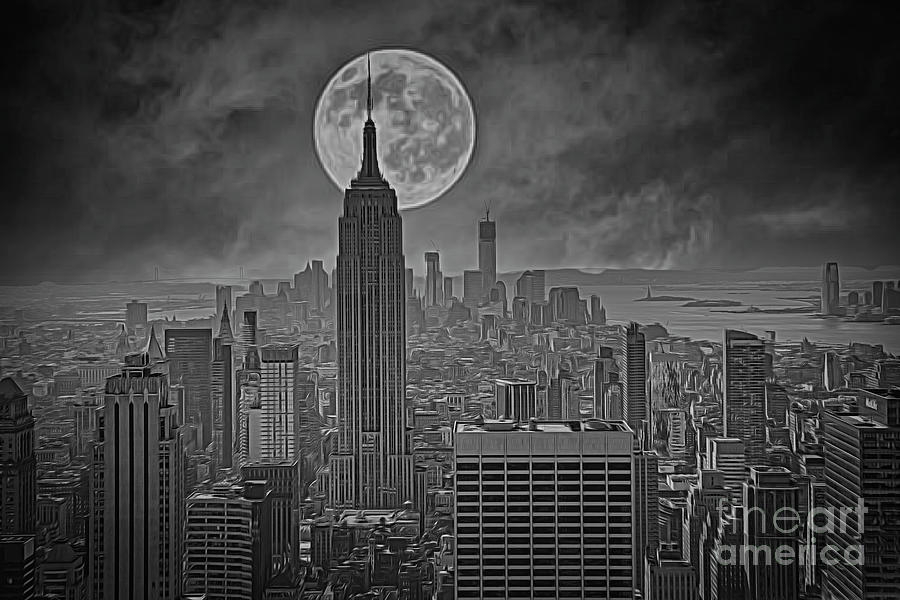 Empire State Super Moon Top of the Rock NYC BW Photograph by Chuck Kuhn