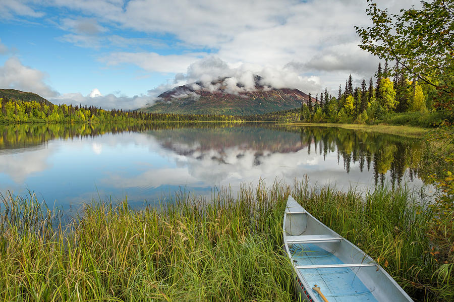Empty aluminum canoe on lakeshore Alaska Photograph by David L Moore