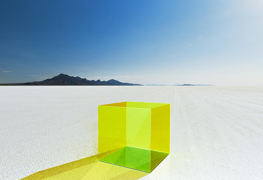 Empty colored box on salt flats. Photograph by Andy Ryan