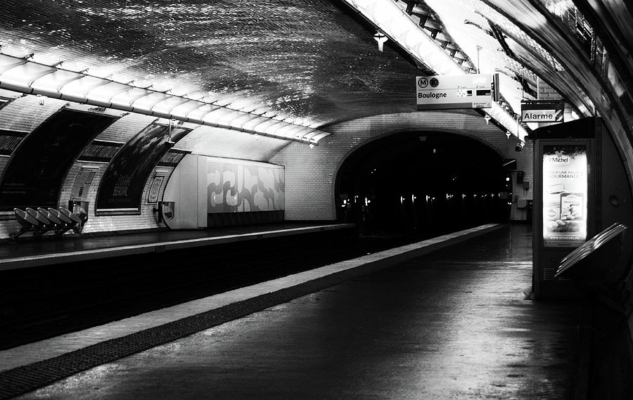 Empty Middle of the Night Metro Platform Paris France Noir Black and White Photograph by Shawn OBrien