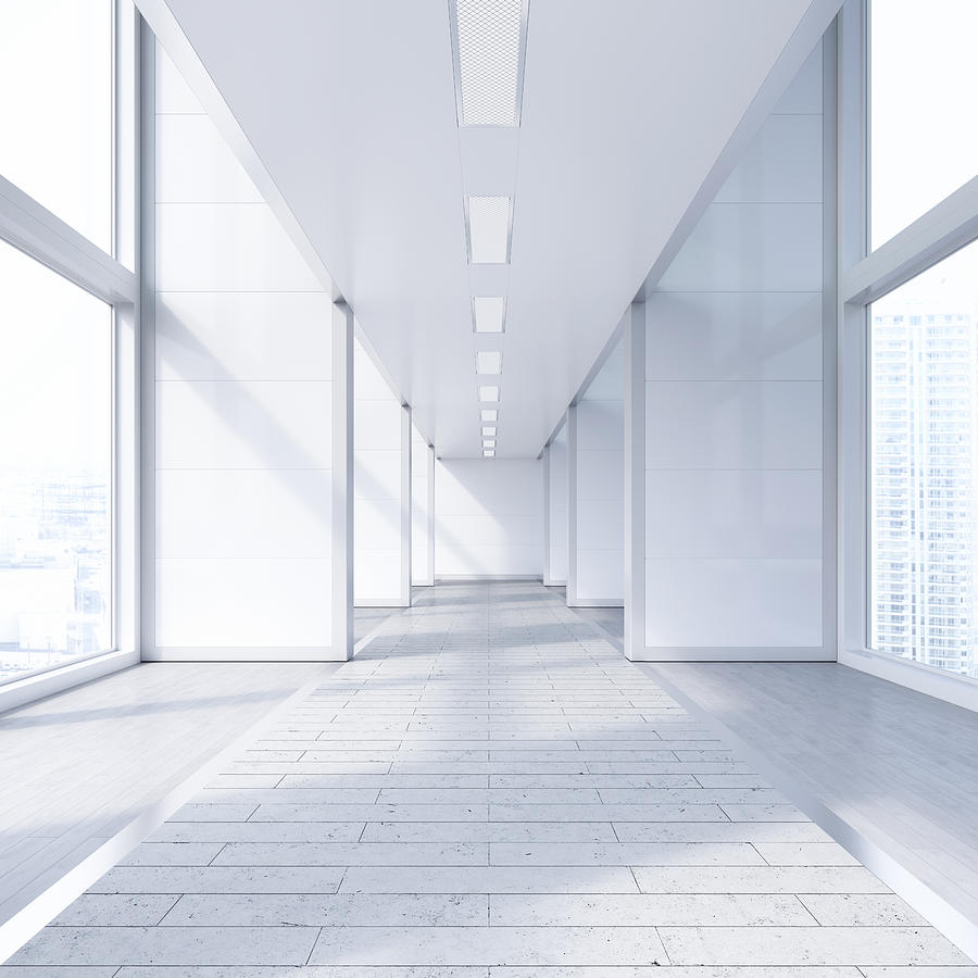 Empty passageway in a modern office building, 3D Rendering Drawing by Westend61
