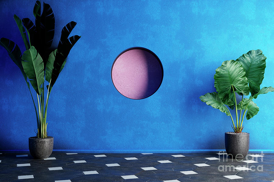 Empty room with blue concrete wall, tile floor and topical plant Digital Art by Jelena Jovanovic