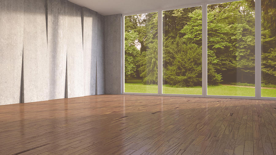 Empty room with concrete wall and wooden flooring, 3D Rendering Photograph by Westend61