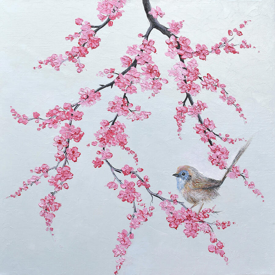 Emu Wren and Cherry Blossom branch Painting by Jan Matson Emu Wren and Cherry Blossom branch Painting by Jan Matson