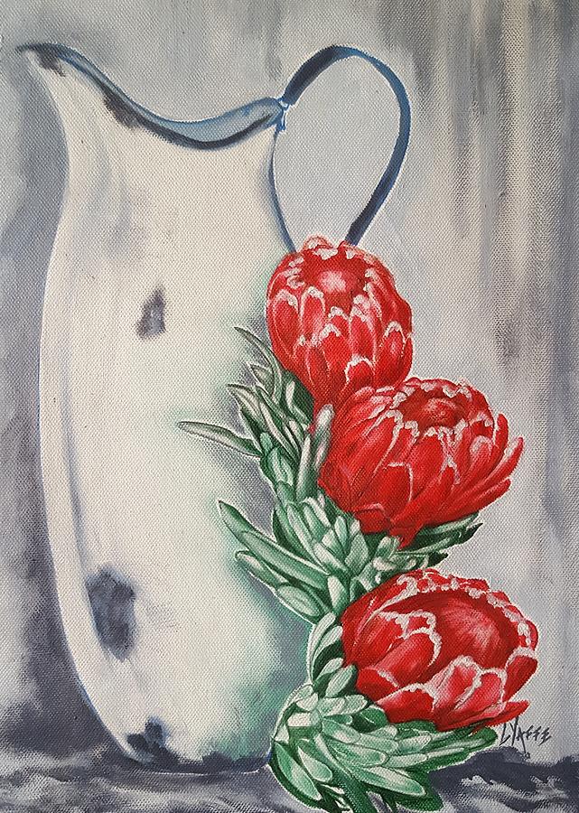Enamel Jug with Three Queen Proteas Painting by Loraine Yaffe