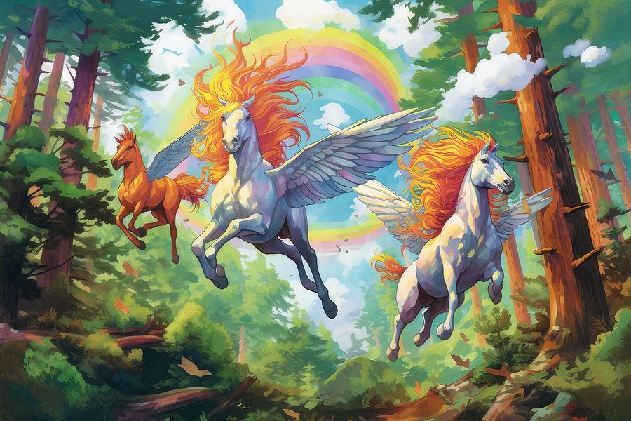 Enchanted Flight Rainbow Pegasus Soaring Through The Forest Digital Art