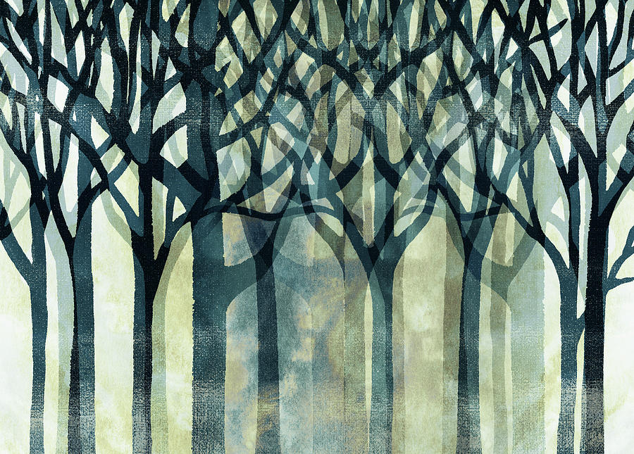 Into The Woods Painting - Enchanted Forest In The Fog Watercolor Silhouette Trees Branches  by Irina Sztukowski