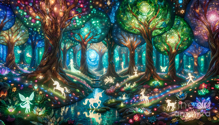 Tree Digital Art - Enchanted Forest Scene, A magical forest with glowing trees and fairytale creatures by Jeff Creation
