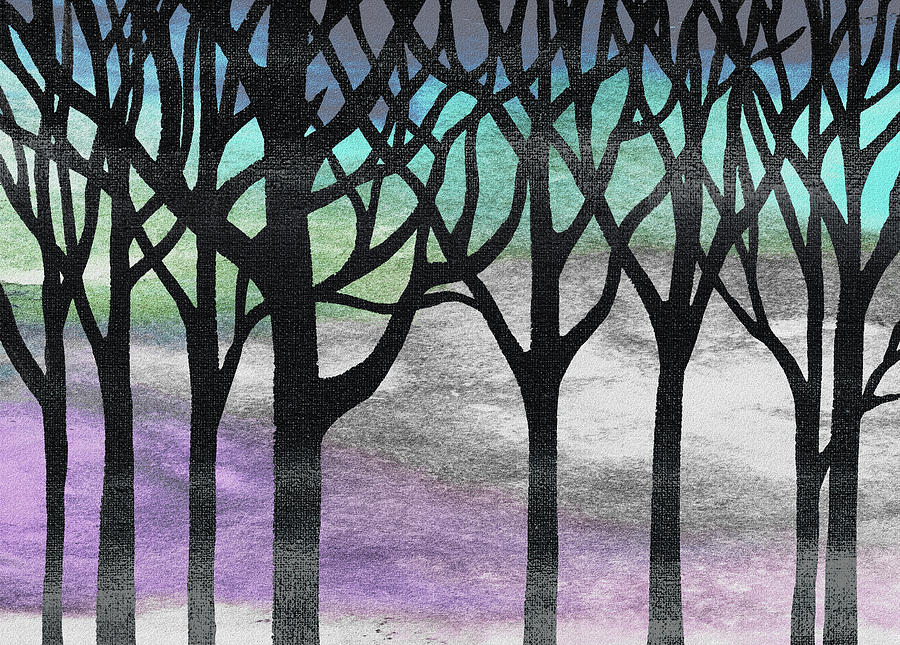 Enchanted Forest Watercolor Silhouette Trees Branches Turquoise Purple Wind  Painting by Irina Sztukowski