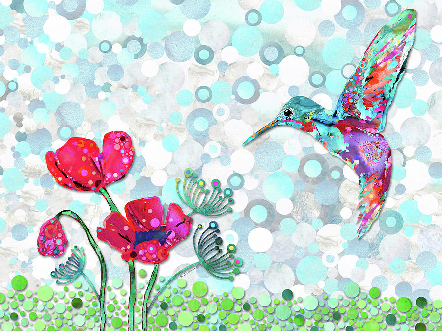 Enchanted Garden Hummingbird Flower Art Painting by Sharon Cummings