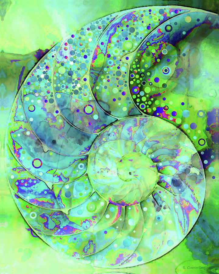 Enchanted Green Nautilus Shell Art Painting by Sharon Cummings