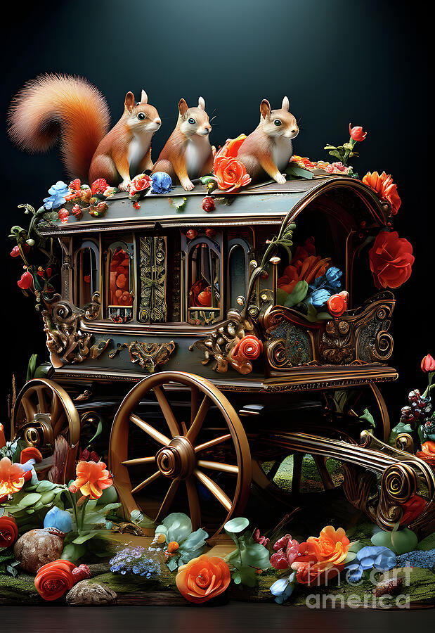 Squirrel Digital Art - Enchanted horse-drawn carriage with squirrels by Sen Tinel