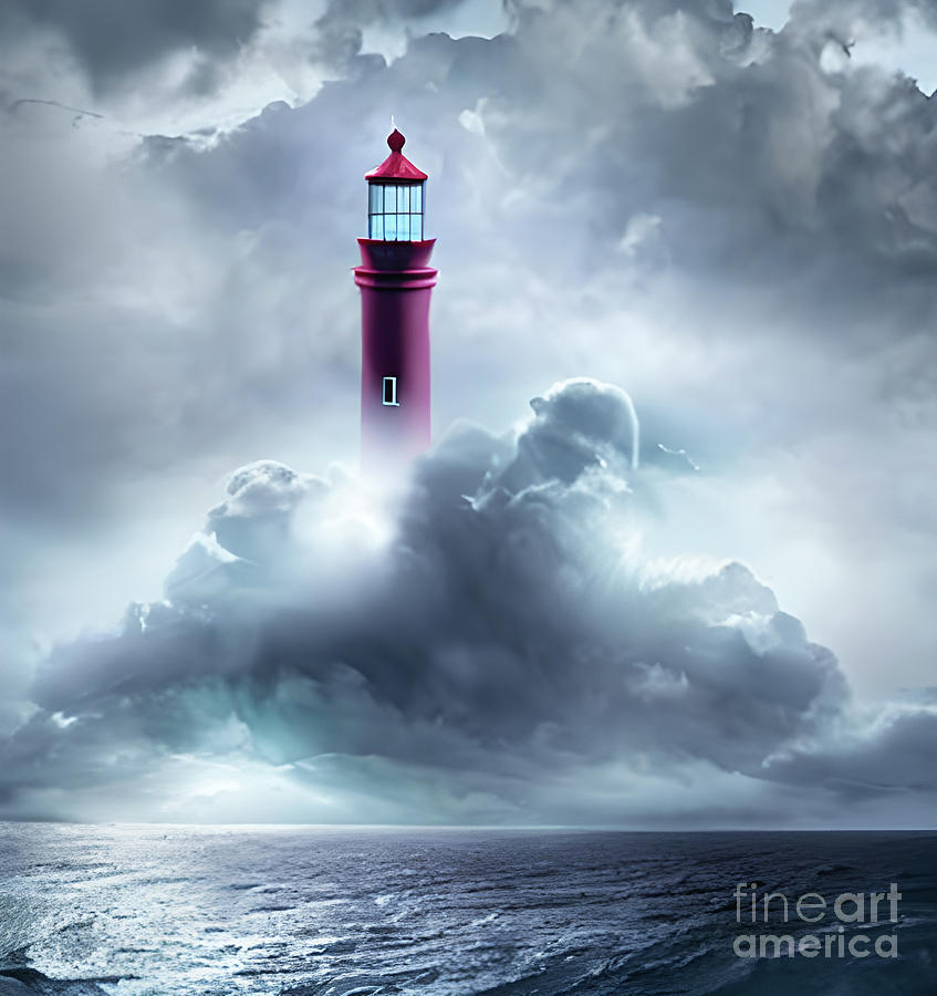 Enchanted Red Lighthouse in the Ocean Digital Art by Debra Miller
