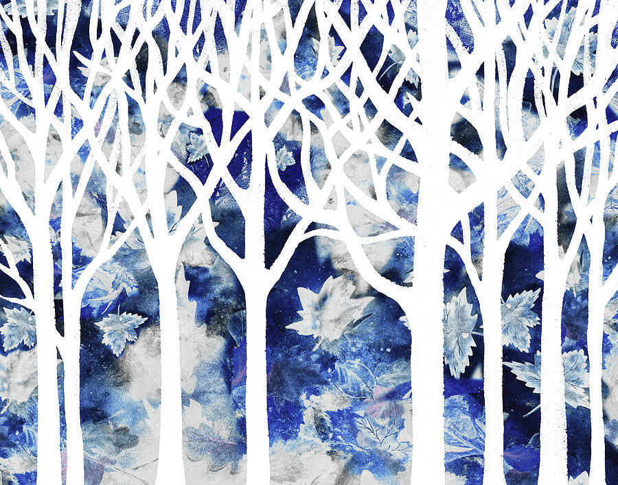 Enchanted Winter Forest Watercolor Silhouette White Trees And Branches Blue Ground  Painting by Irina Sztukowski
