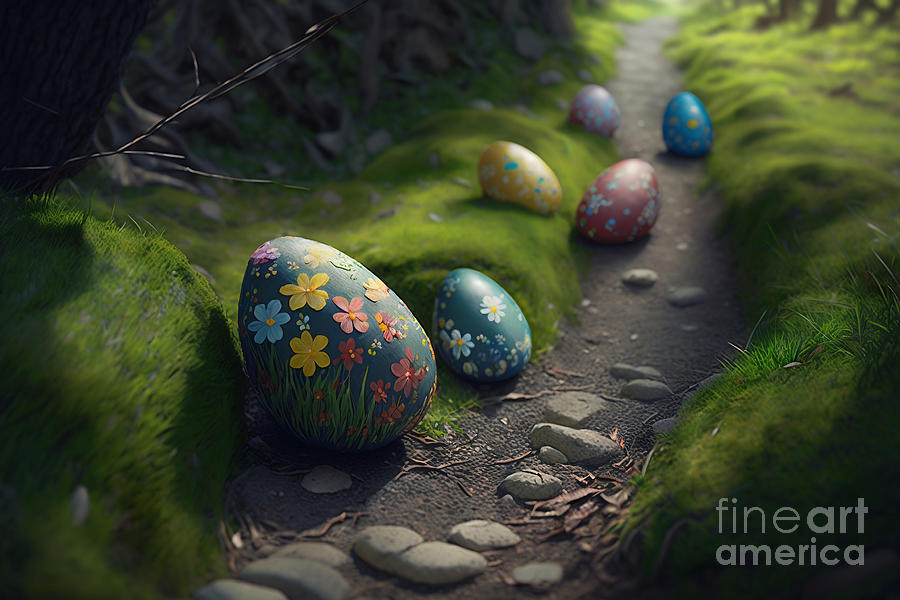 Easter Digital Art - Enchanting Easter Trail, Photorealistic Egg Hunt in a Garden Setting by Jeff Creation