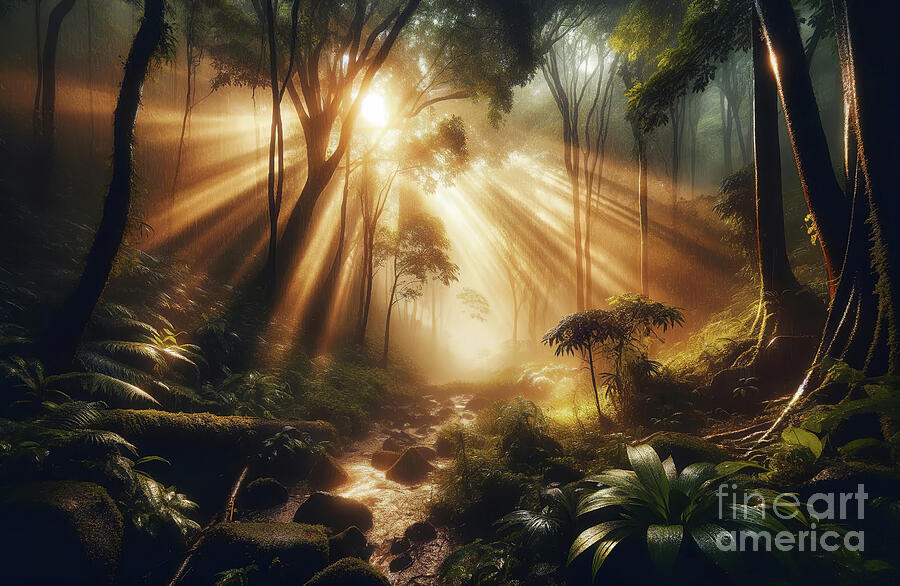 Enchanting forest scene with sunbeams piercing through mist Digital Art by Odon Czintos