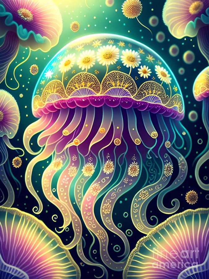 Enchanting Jellyfish Daisies Garden Digital Digital Art by Debra Miller