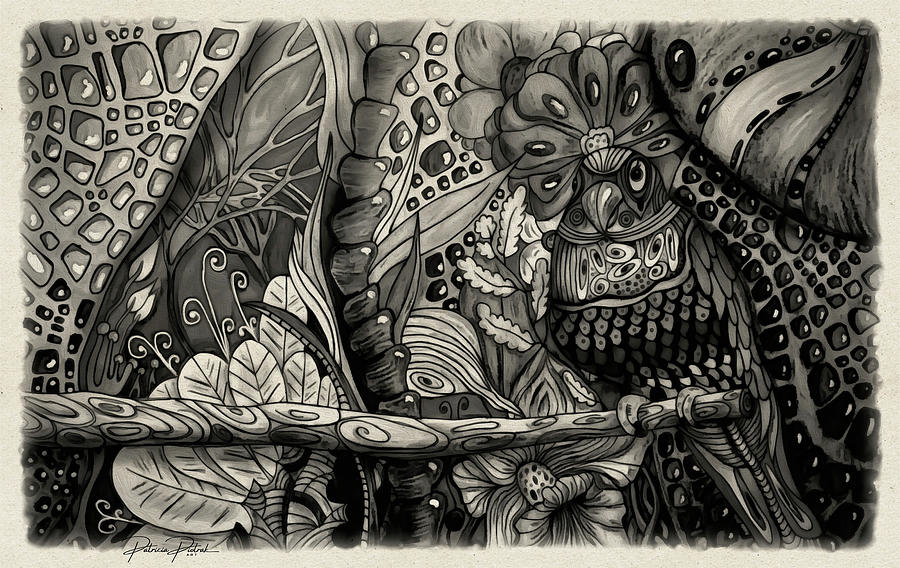 Enchanting Symphony A Black and White Sepia-Touched Parrot in the Jungle Drawing by Patricia Piotrak